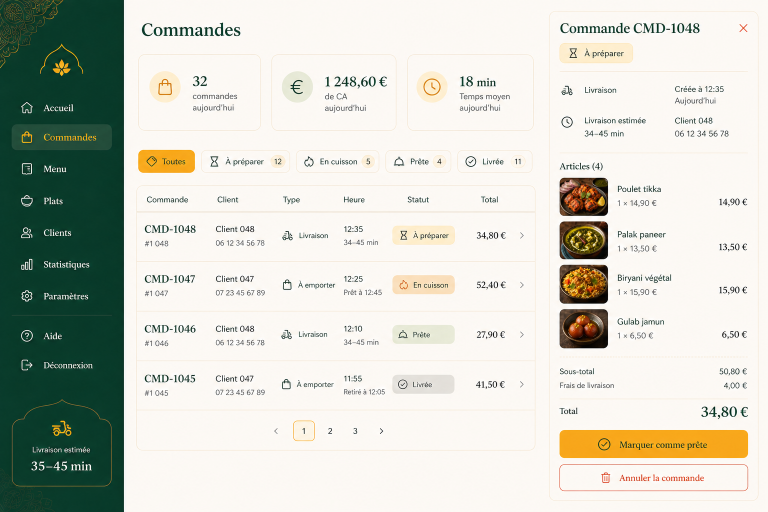 Interface de gestion simulée affichant les commandes, leurs statuts et leur détail